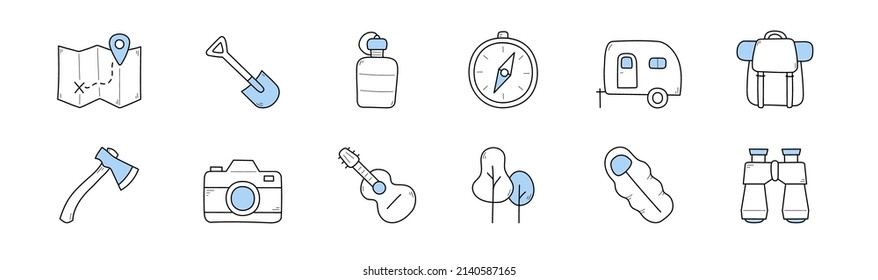 Camp icons with backpack, guitar, map, compass and binocular. Vector set of sketch symbols of hiking and travel equipment, car trailer, shovel, bottle, photo camera, sleeping bag and axe