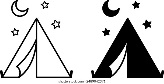Camp icons. Black and White Vector Icons. Tourist Tent, Moon, and Stars. Camping Concept