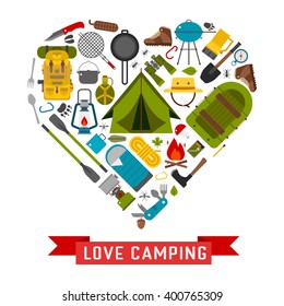 Camp icons in heart shape. Love camping concept with vector hiking elements. Basecamp accessories and supplies. Summer tourism items. Camping and hiking equipment in creative form.