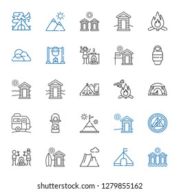 camp icons set. Collection of camp with cabins, tent, mountain, cabin, smore, lantern, caravan, marshmallow, sleeping bag, campfire, bonfire. Editable and scalable camp icons.