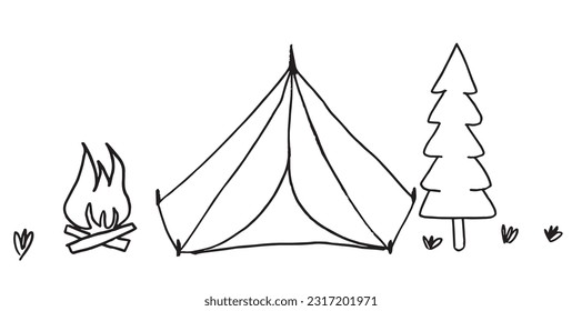 Camp illustration image. 
Hand drawn image artwork of camp. 
Simple cute original logo.
Hand drawn vector illustration for posters, cards, t-shirts.