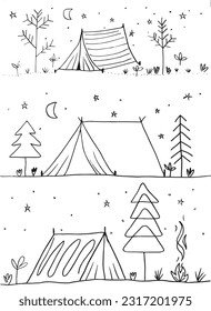 Camp illustration image. 
Hand drawn image artwork of camp. 
Simple cute original logo.
Hand drawn vector illustration for posters, cards, t-shirts.