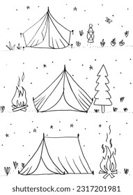 Camp illustration image. 
Hand drawn image artwork of camp. 
Simple cute original logo.
Hand drawn vector illustration for posters, cards, t-shirts.