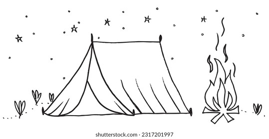Camp illustration image. 
Hand drawn image artwork of camp. 
Simple cute original logo.
Hand drawn vector illustration for posters, cards, t-shirts.