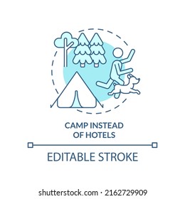 Camp instead of hotels turquoise concept icon. Campground. Road trip with pets advice abstract idea thin line illustration. Isolated outline drawing. Editable stroke. Arial, Myriad Pro-Bold fonts used