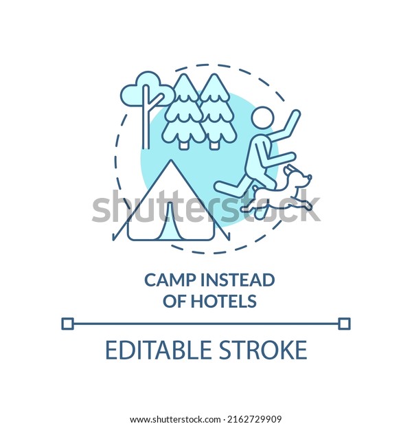 Camp instead of hotels turquoise concept icon.\
Campground. Road trip with pets advice abstract idea thin line\
illustration. Isolated outline drawing. Editable stroke. Arial,\
Myriad Pro-Bold fonts\
used
