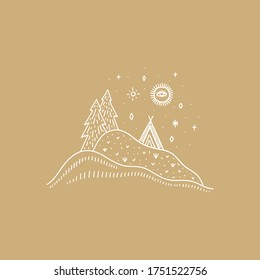 Camp label. Forest landscape. Adventure. Harmony and zen. Crescent moon magic symbols. Vector illustration.