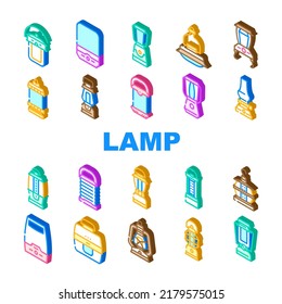 Camp Lamp Lighting Equipment Icons Set Vector. Vintage And Modern Electronic Camp Lamp Outdoor Device, Oil And Paraffin, Light Portable Gadget With Motion Sensor Isometric Sign Color Illustrations