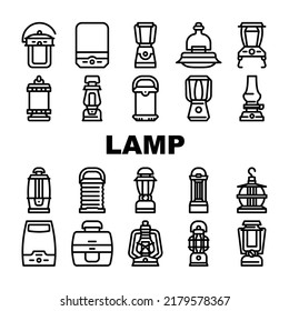 Camp Lamp Lighting Equipment Icons Set Vector. Vintage And Modern Electronic Camp Lamp Outdoor Device, Oil And Paraffin, Light Portable Gadget With Motion Sensor Black Contour Illustrations