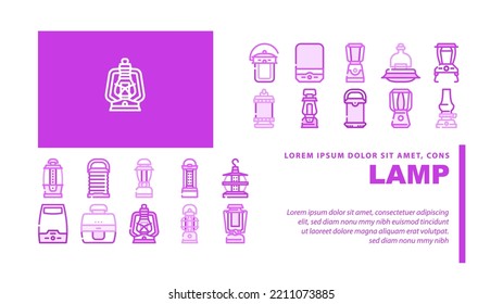 Vector de encabezado de página web del equipo de iluminación de la lámpara de campo. Dispositivo Exterior De Lámpara Electrónica Vintage Y Moderna De Campamento, Aceite Y Parafina, Gadget Portátil Ligero Con Ilustraciones De Color Del Sensor De Movimiento