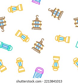 Camp Lamp Lighting Equipment vector seamless pattern thin line illustration