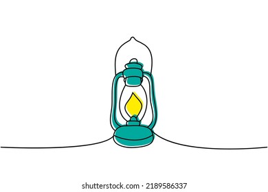 Lámpara de campamento de una línea de dibujo continuo de color. Ilustración colorida de una línea de linterna de aceite antigua. Ilustración lineal minimalista del vector