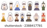 Camp Lamps Set. Portable, Versatile Light Sources For Outdoor Adventures. They Provide Essential Illumination, Enhancing Safety And Ambiance While Camping, Or Hiking. Cartoon Vector Illustration