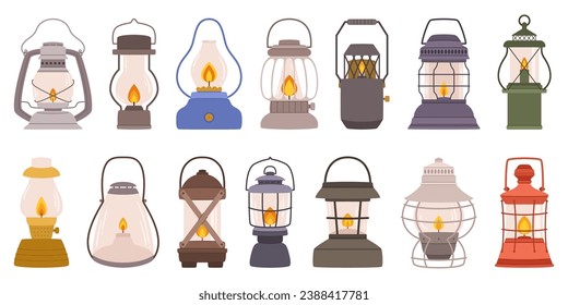 Camp Lamps Set. Portable, Versatile Light Sources For Outdoor Adventures. They Provide Essential Illumination, Enhancing Safety And Ambiance While Camping, Or Hiking. Cartoon Vector Illustration