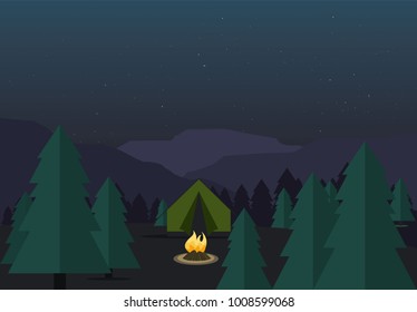 Camp landscape vector illustration. Forest landscape background. Design element for flyer, brochure, web banner, poster etc