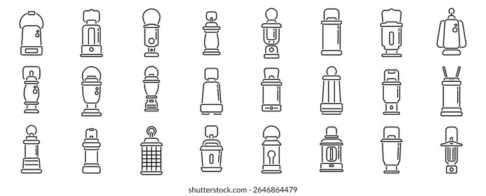  Camp lantern icons set. Camping lanterns illuminating campsites, creating a warm and inviting atmosphere for outdoor enthusiasts