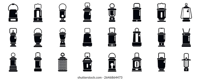  Camp lantern icons set. Collection of camping lanterns and lamps, providing portable light sources for various outdoor activities
