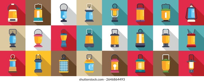 Camp lantern icons set. Collection of camping lantern icons representing various portable light sources suitable for illuminating campsites, tents, and outdoor activities