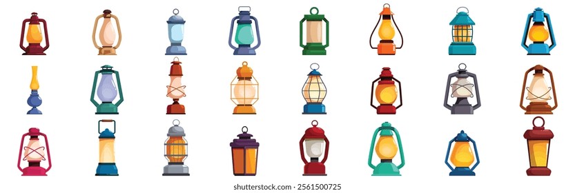 Camp lantern icons set. Set of different vintage and modern oil lamps illuminating dark spaces, creating cozy atmosphere