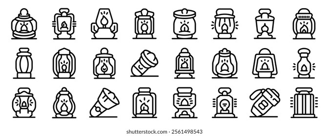 Camp lantern icons set. Set of diverse kerosene lamps icons featuring various designs and styles of these traditional light sources