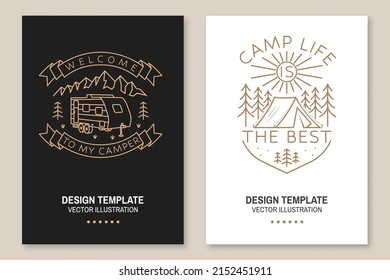 Camp life is the best. Vector. Concept for shirt or logo, print, stamp or tee. Line art flyer, brochure, banner, poster with camper tent, trailer, mountain and forest silhouette. Camping quote.