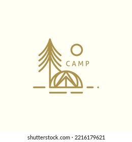 Camp line logo in the forest under the moonlight and fir trees at night in simple and natural gold color.
