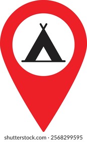 Camp location pin icon . Camping area map pin icon . Tent location pin icon . Vector illustration