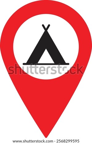 Camp location pin icon . Camping area map pin icon . Tent location pin icon . Vector illustration