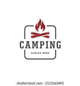 Camp logo with campfire on white background. Vector design illustration.