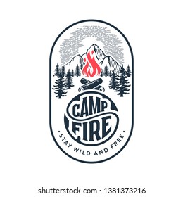 Camp Logo With Campfire. Stay Wild And Free. Vector Illustration.