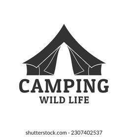 Camp logo with camping or tourist tent. Summer travel, wildlife emblem. Outdoor adventure label or badge design. Vector illustration.