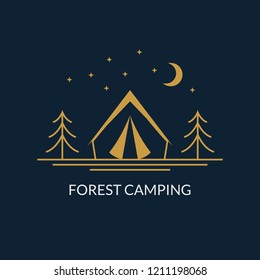 Camp logo. Forest camping emblem with tourist tent. Vector illustration.