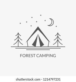 Camp logo. Forest camping emblem with tourist tent. Vector illustration.