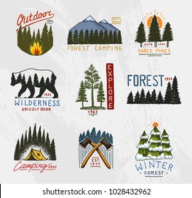 camp logo, mountains coniferous forest and wooden badges. engraved hand drawn in old vintage sketch. emblem tent tourist, travel for labels. outdoor adventure landscapes with pine trees and hills.