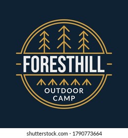 Camp logo. Outdoor Camping badge with forest and tourist tents. Vector illustration.