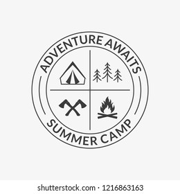 Camp logo. Round summer camping badge with adventure awaits slogan. Vector illustration.