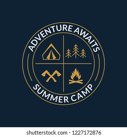 Camp Logo. Round Summer Camping Badge With Adventure Awaits Slogan. Vector Illustration.