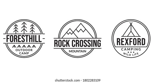Camp logo set. Camping badges with forest, mountain and tourist tent. Outdoor emblems. Vector illustration.
