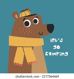 camp lover bear drawing as vector for  kids tee print