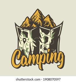 Campingplan, Gebirge und Felsen für Camping- und Outdoor-Expedition oder T-Shirt-Druck