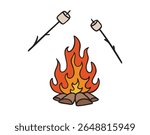 Camp marshmallow smore, Roast marshmallows over a campfire icon doodle hand drawn. colorful cartoon line drawing clipart symbol. Vector illustration