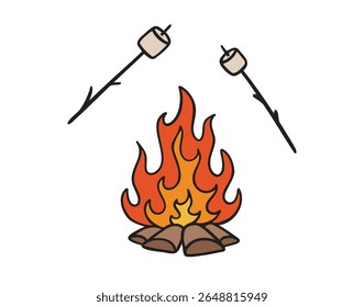 Camp marshmallow smore, Roast marshmallows over a campfire icon doodle hand drawn. colorful cartoon line drawing clipart symbol. Vector illustration