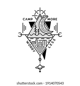 Camp more worry less badge design. Outdoor adventure crest logo with trees and city scene. Travel silhouette label isolated. Sacred geometry. Stock vector tattoo graphics emblem