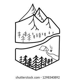 Camp and mountains in a hexagon.