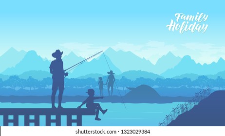 Camp in the mountains near of the lake illustration design. Happy Father and Son together fishing from a pier in summer day concept