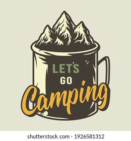 Camp mug, mountain and rock for camping and outdoor travel expedition or t-shirt print