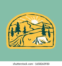 Camp nature mountain line badge patch pin graphic illustration vector art t-shirt design