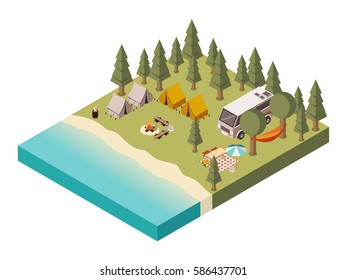 Camp near lake with van tents and bonfire umbrella table and chairs picnic baskets   isometric vector illustration