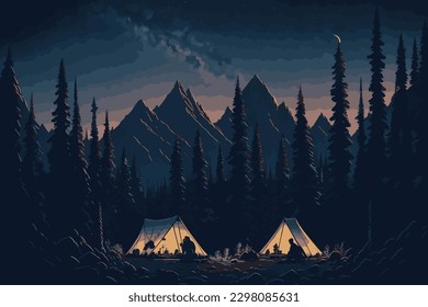 Campamento nocturno, acampando en la naturaleza, acampando en el bosque, campamento en la ilustración del vector forestal