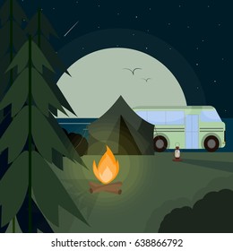 Camp at night, flat design illustration, with large moon on background. 